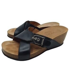Vionic Danette Sandals Slide Wedge Leather 6 Black Buckle Cross Strap Comfort